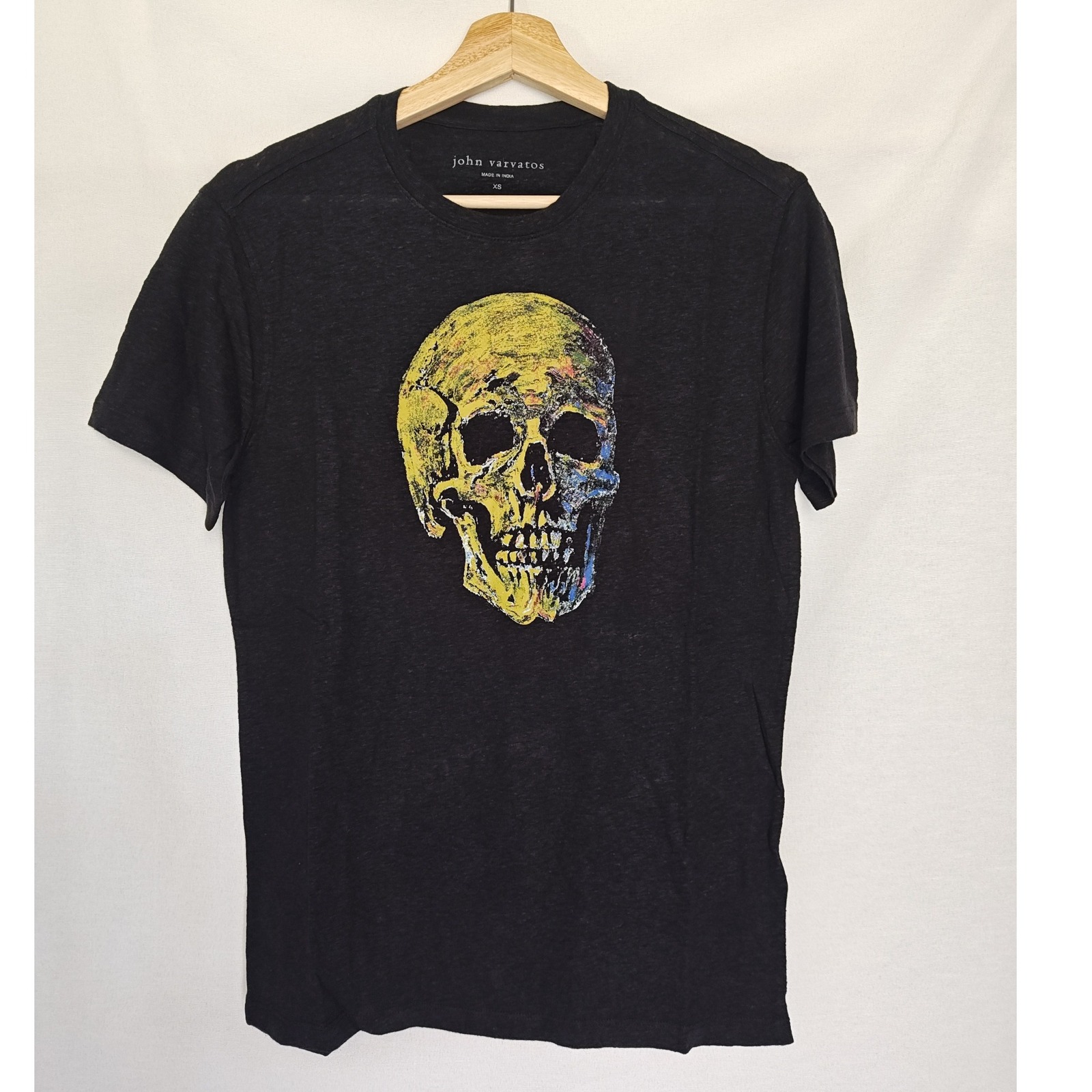 John Varvatos Shirt Painted Textured Skull Graphic Tee Black Linen Blend Xs New